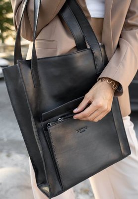 Сумка жіноча шкіряна з карманом – шопер, Чорна 50-192 фото